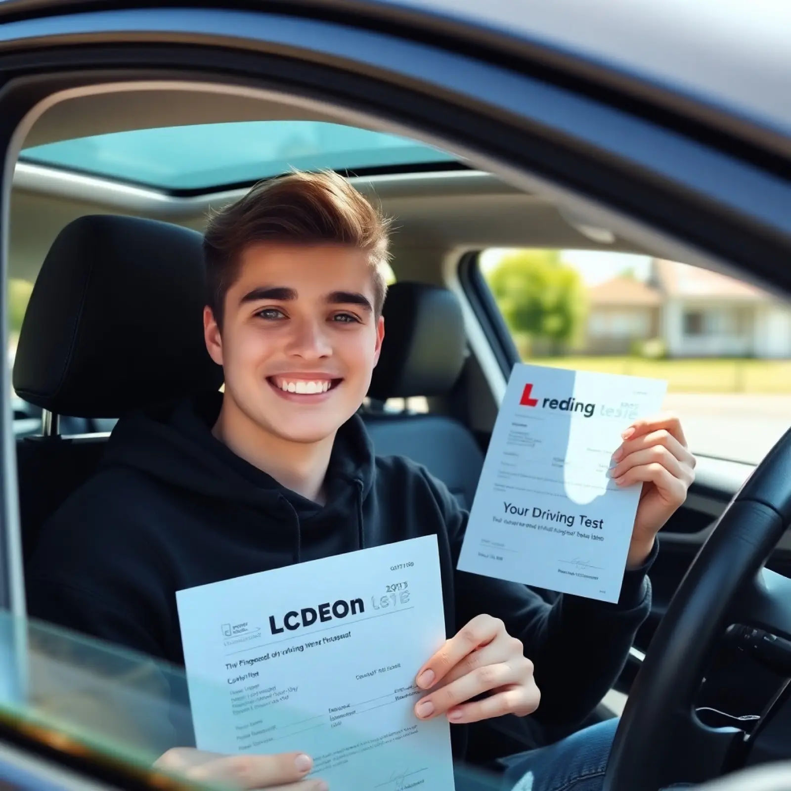 A happy learner driver holding their passed driving test certificate in a car
